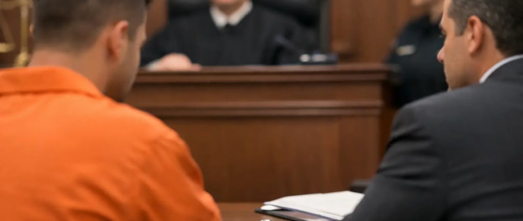 Defendant in orange jumpsuit sits with a criminal defense attorney in a courtroom before a judge.