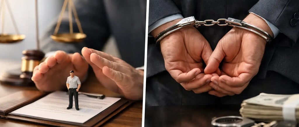 Criminal defense lawyer protecting a client from handcuffs and bribery charges in court.