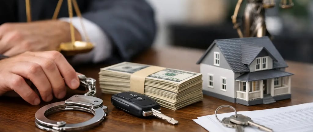 Lawyer desk with handcuffs, cash, house model, and car keys representing legal asset forfeiture.