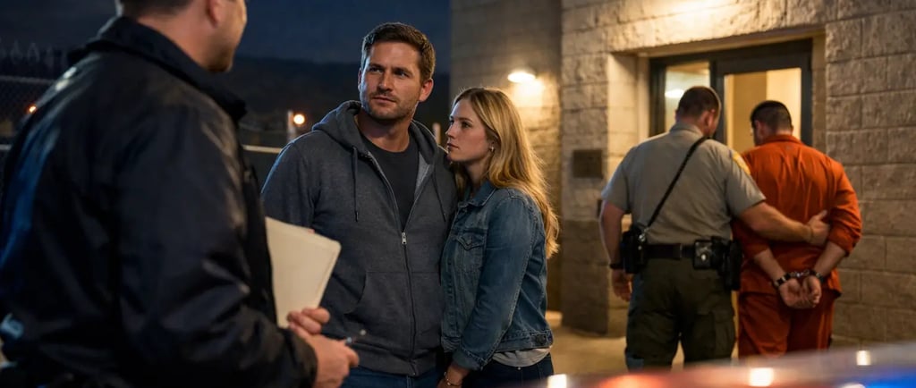 A worried couple talks to a police officer outside a jail while a prisoner is being escorted.