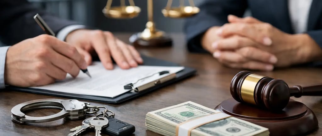 Criminal lawyer signing legal documents with handcuffs, cash, and a gavel on a wooden desk.