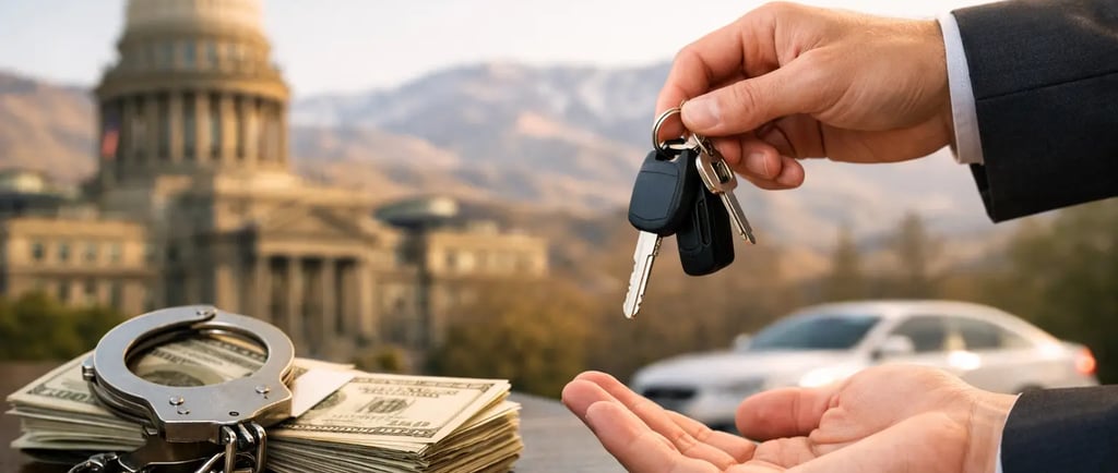 A person handing over car keys near a stack of cash and handcuffs, representing auto loan fraud or vehicle theft.