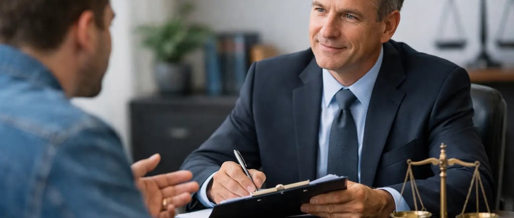 A criminal defense attorney in a suit discusses a case with a client in a law office with handcuffs on the desk.