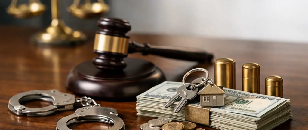 A judge's gavel, handcuffs, and a stack of money with house keys representing real estate law and financial crime.