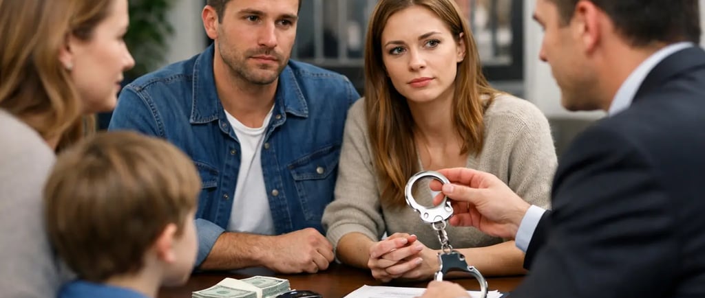 Concerned family meeting with a criminal defense lawyer holding handcuffs over legal documents.