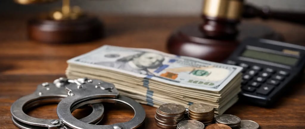 Handcuffs next to a stack of cash and a judge's gavel representing financial crime law.
