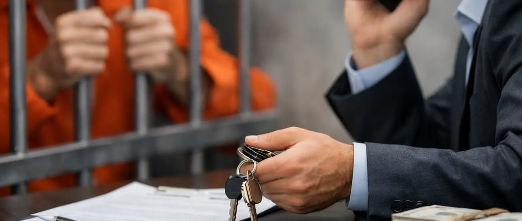 A defense attorney talks on a phone while meeting with an incarcerated client in jail behind bars.