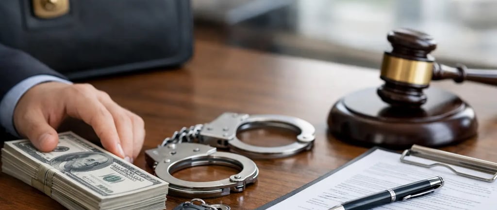 Hand touching a stack of cash next to handcuffs and a judge gavel, representing white collar crime and legal bribery.