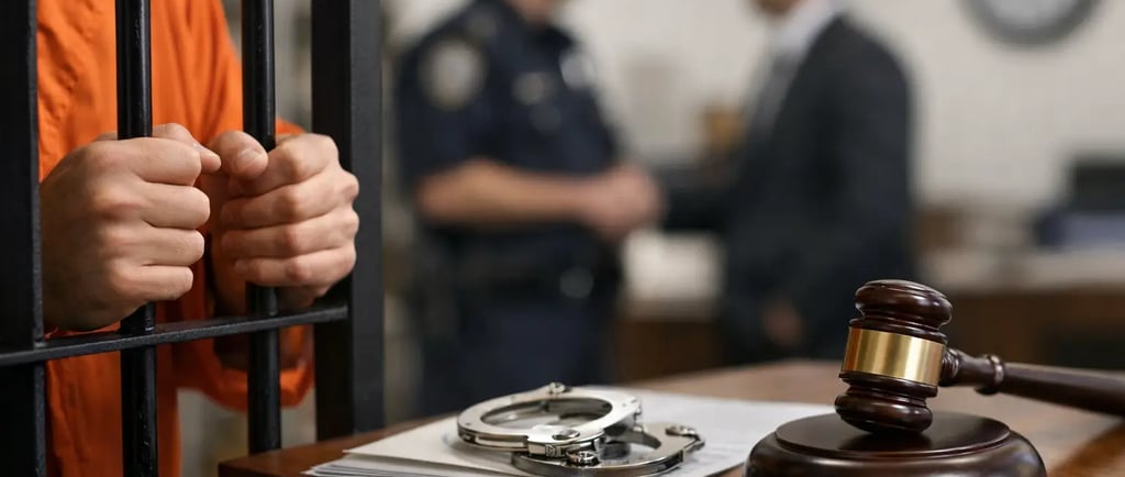 A prisoner in orange jumpsuit behind bars near a judge's gavel and handcuffs in a courtroom setting.