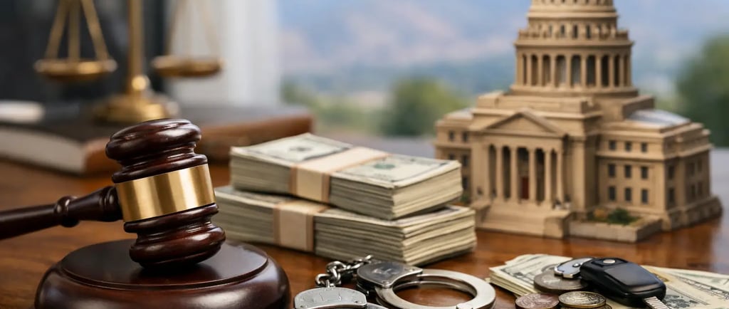 A wooden judge's gavel, handcuffs, and stacks of cash on a table with a government capitol building model.