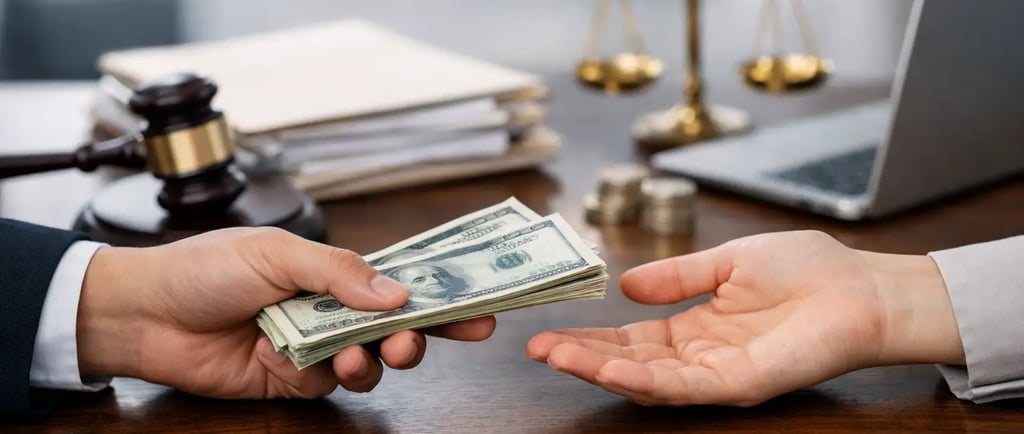 Hand passing cash stack to another person on a lawyer's desk with a judge's gavel and scales of justice.