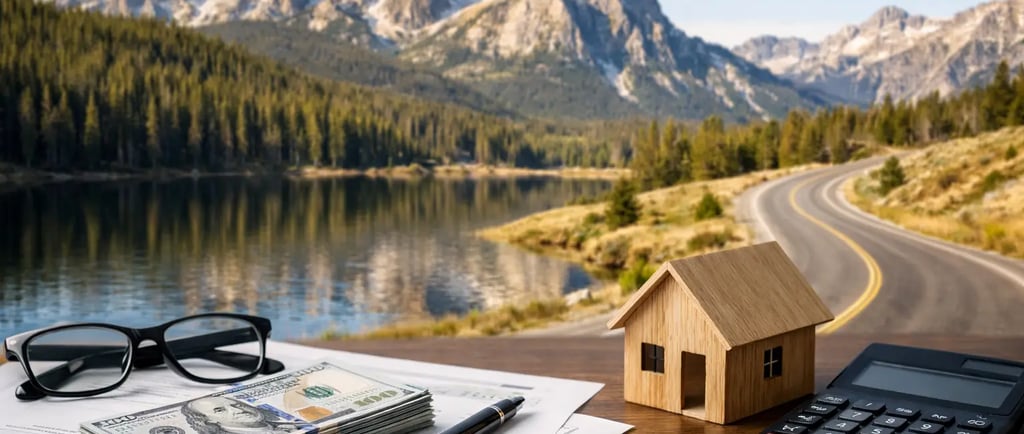 Miniature house with cash and calculator on a desk with a scenic mountain lake background.