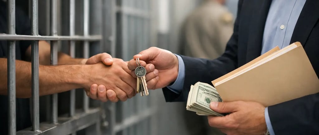 A criminal defense lawyer shaking hands with an inmate through prison bars while holding bail money and keys.