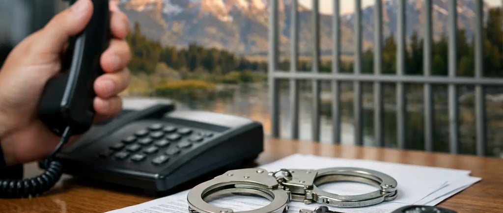 A hand holding a prison phone next to handcuffs and legal documents, with jail bars overlooking a mountain range.