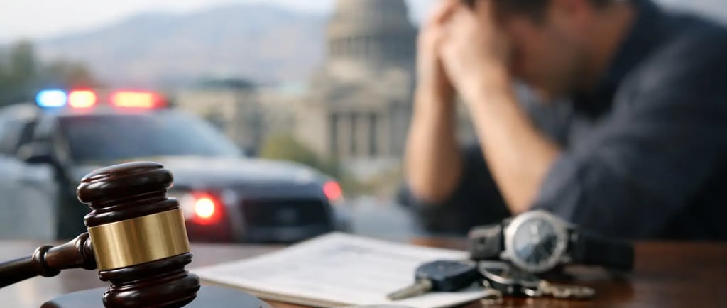 Judge gavel and handcuffs on a table with a stressed man and police car after a criminal arrest.