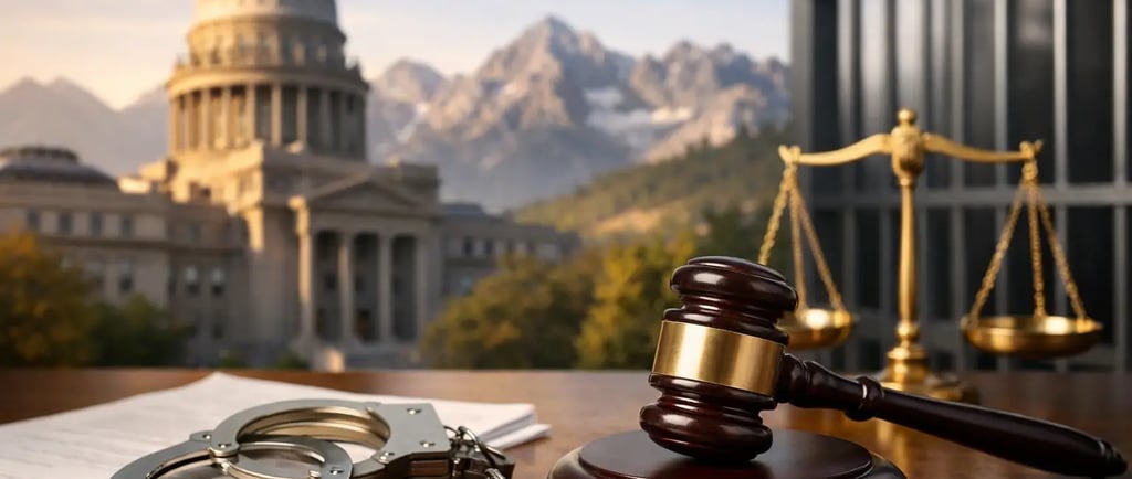 Judge's wooden gavel, handcuffs, and car keys on a desk with a legal capitol building background.