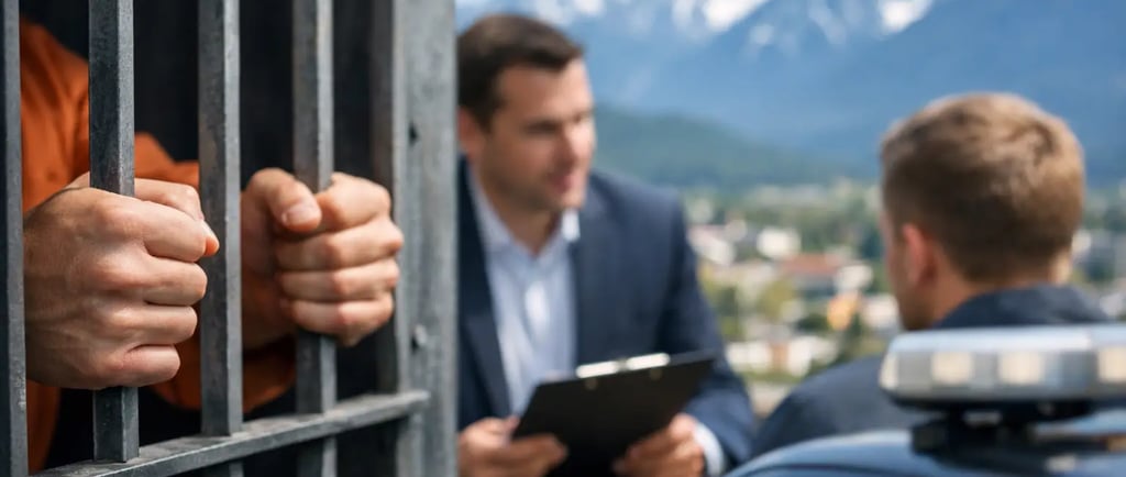 Criminal defense attorney meeting with an inmate behind bars outdoors near mountains.