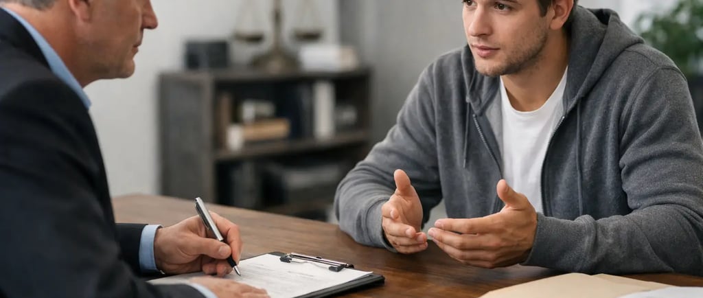 A young man in a gray hoodie talks with a criminal defense attorney in a law office with handcuffs on the desk.