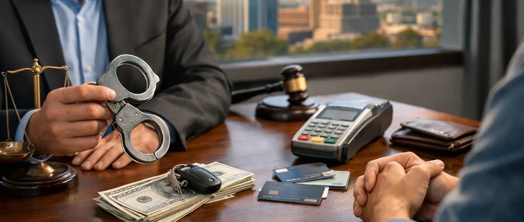 A bail bondsman holding handcuffs across a desk with money and credit cards.