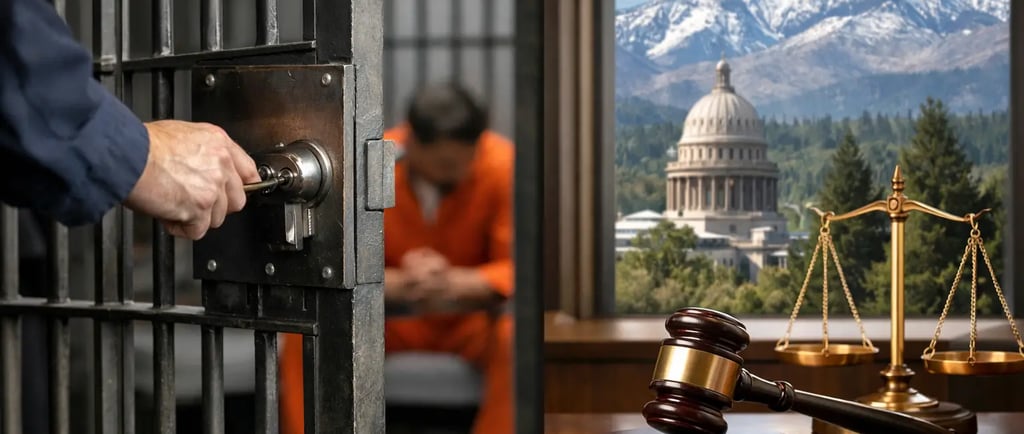 A judge's gavel and scales of justice set against a prison cell and a government capitol building dome.