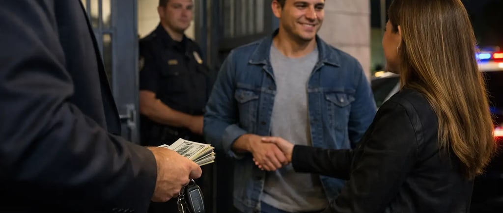 A smiling man shaking hands with a woman outside a police station while a bail bondsman holds cash and keys.