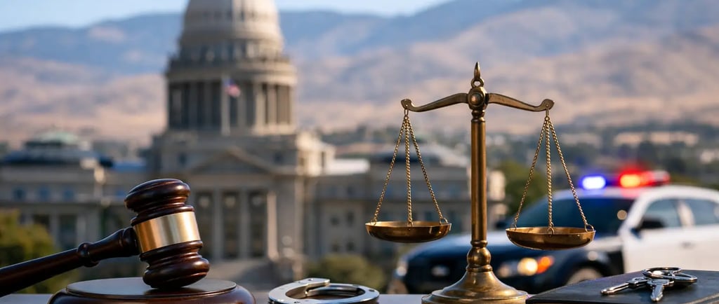 Judge's gavel and scales of justice with handcuffs and a police car in front of capitol building.