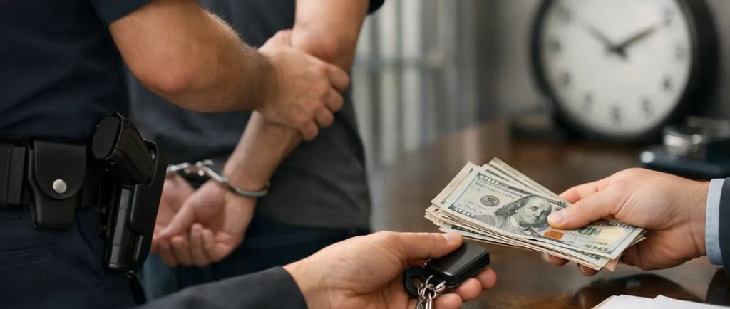 Police officer arresting suspect in handcuffs while person pays bail money and receives car keys.