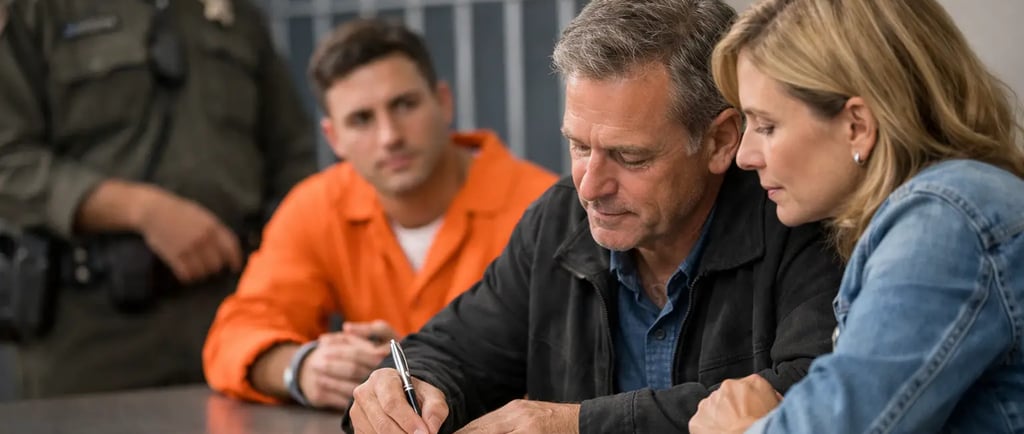 A defense lawyer signs legal documents for a client wearing an orange prison jumpsuit in a jail setting.