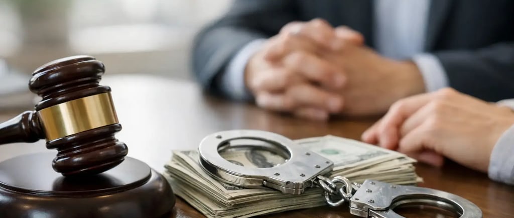 A wooden judge gavel sits near metal handcuffs and stacks of cash on a lawyer's desk.