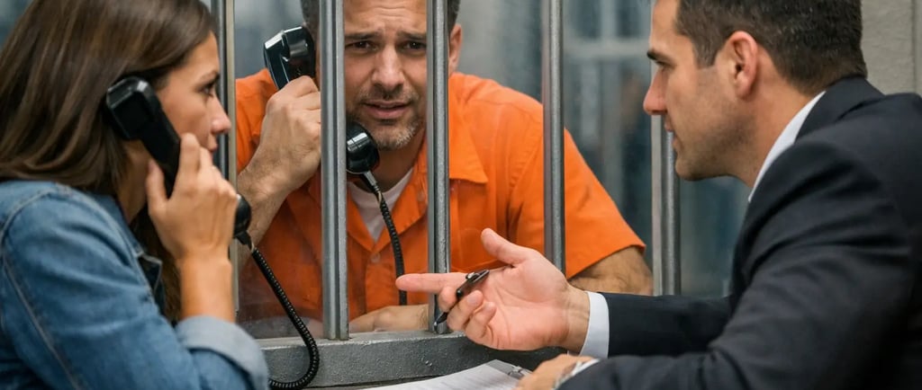 A criminal defense attorney and woman visit a prisoner in an orange jumpsuit behind jail bars.
