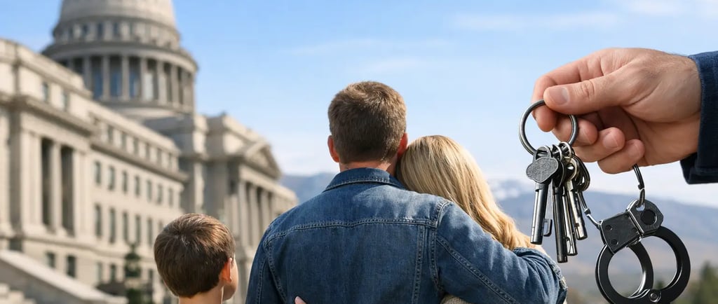 Family viewing the Idaho capitol building while a hand holds keys and handcuffs.
