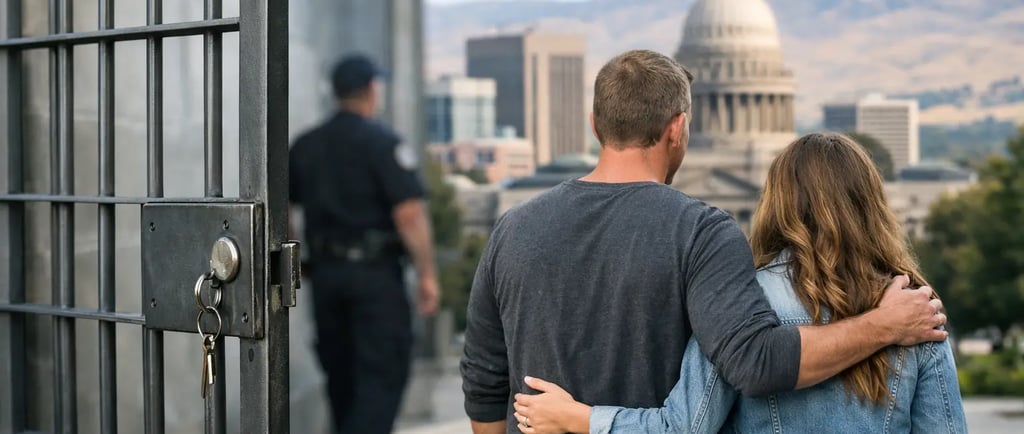 Couple leaving prison gate together towards city skyline after release with guard in background.