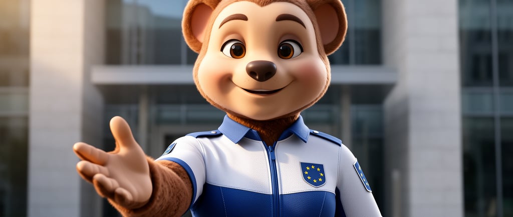 Mascotte institutionnelle 3D en uniforme bleu et blanc avec étoiles européennes, main tendue en gest