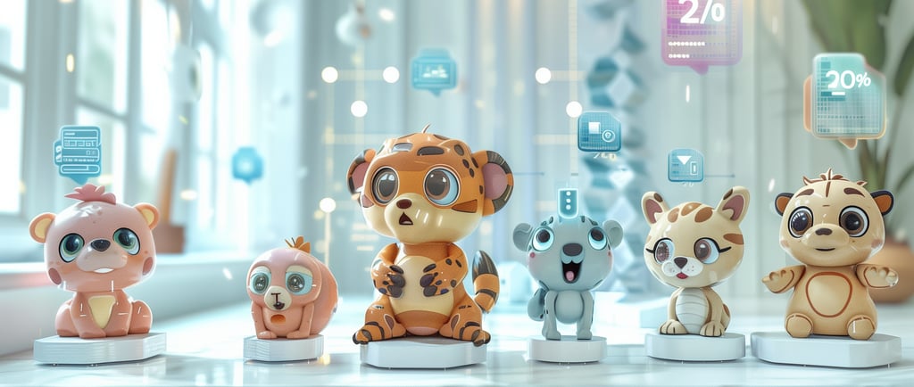 Gamme de mascottes d'entreprise professionnelles - animaux mignons sur socles avec indicateurs prix