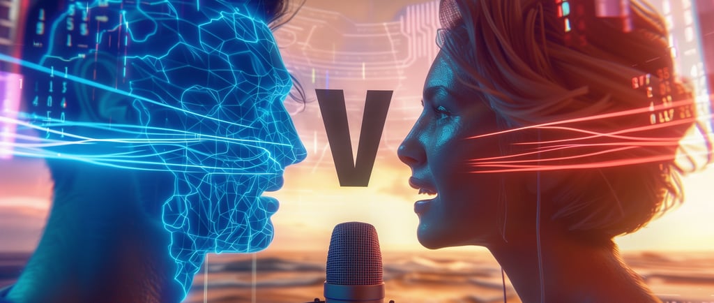 Comparaison visuelle entre IA vocale et voix humaine : illustration split-screen montrant d'un côté