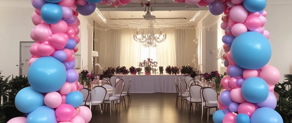 Colorful balloon arrangement with a toy car.