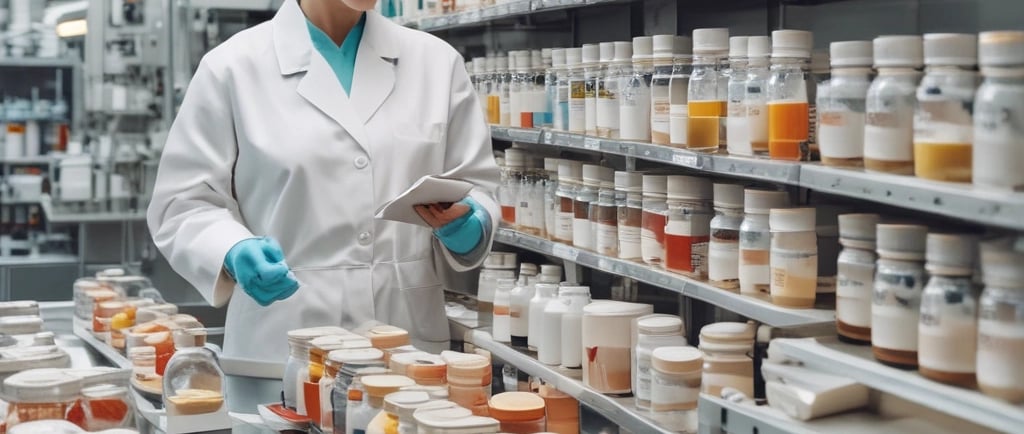 A healthcare professional examining medical supplies in a logistics warehouse.
