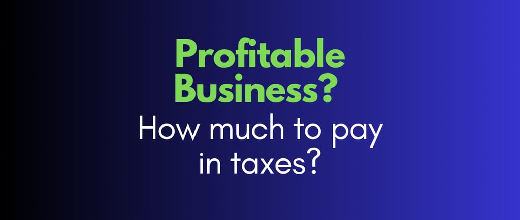 Text graphic asking how much a profitable business pays in taxes against a blue gradient background.