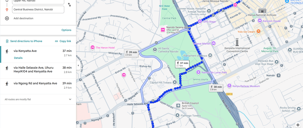 Map showing walking routes from Upper Hill, Nairobi, to the Central Business District. The highlight