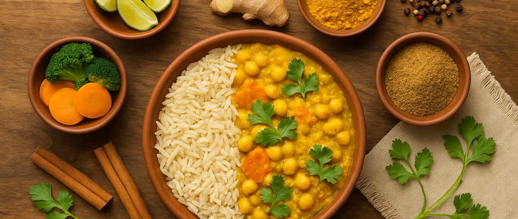 plato de curry de garbanzos con arroz basmati al estilo indio ayurvedico