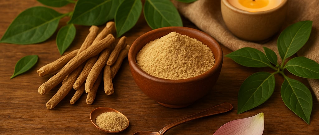 Polvo y raíces de Ashwagandha sobre mesa natural, con elementos ayurvédicos. Planta medicinal adaptógena usada en Ayurveda pa