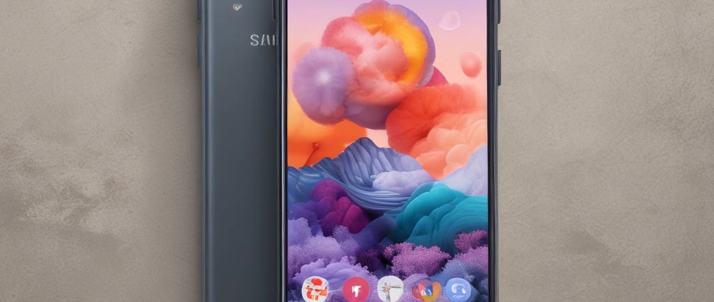 A black mobile phone with the brand name visible lies on a textured grey knitted fabric, partially wrapped and casting soft shadows.
