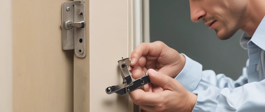 Un hombre está montando una bisagra a una puerta. Viste con ropa de trabajo blanca.
