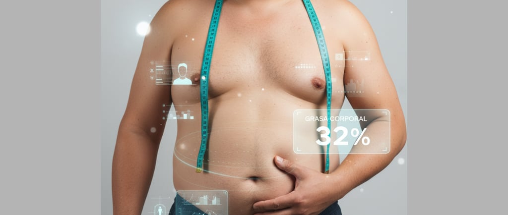 Hombre con 32% de grasa corporal medido con cinta. Muestra un nivel alto de grasa corporal.