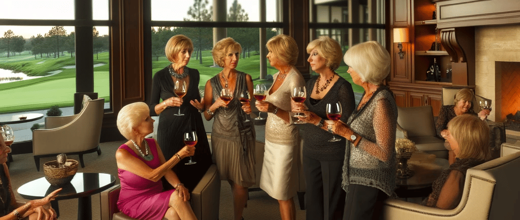 A sophisticated gathering of women from the Achasta Ladies Club, dressed in elegant attire, holding 