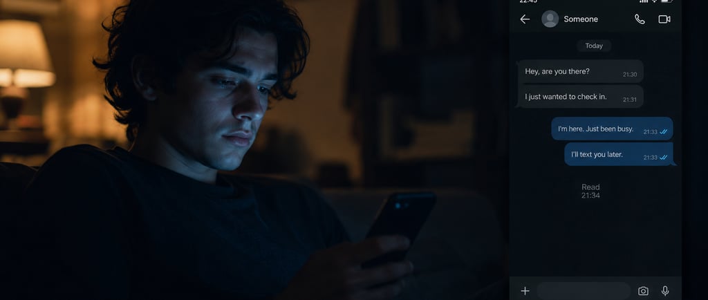 A person sitting alone in a dark room, staring at their phone as the last message shows 'read' — sym