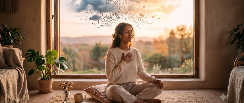 A woman meditates to calm anxiety and mental clutter, finding inner peace in a cozy room at sunset.