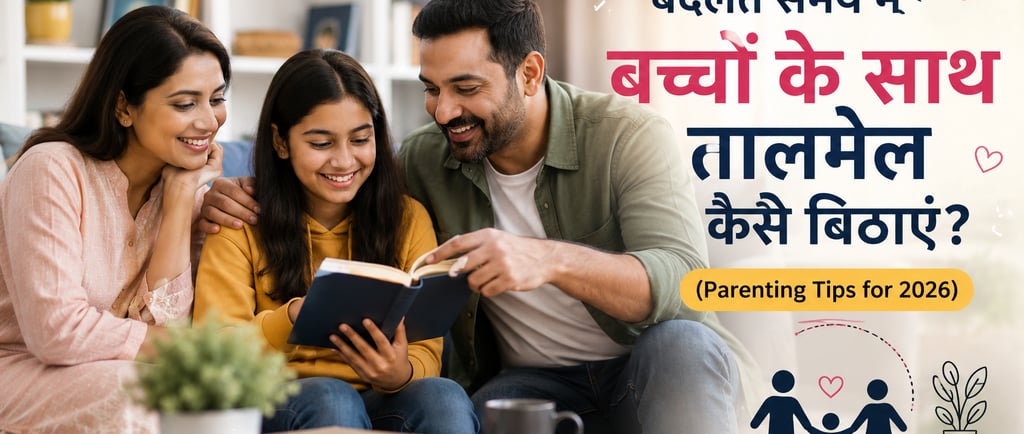Parenting, Indian parents reading a book with their daughter for parenting tips and family bonding.