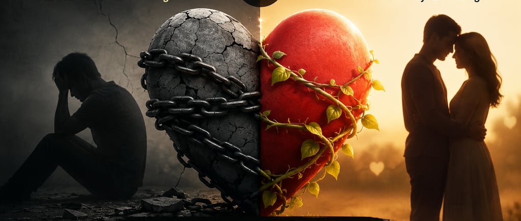 Comparison of a chained trauma bond heart vs a healthy true love heart with a happy couple in the sunlight.