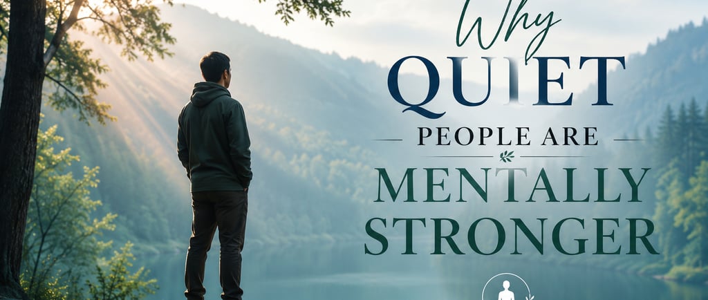 Man overlooking a peaceful lake with text about why quiet people are mentally stronger. 10 Powerful